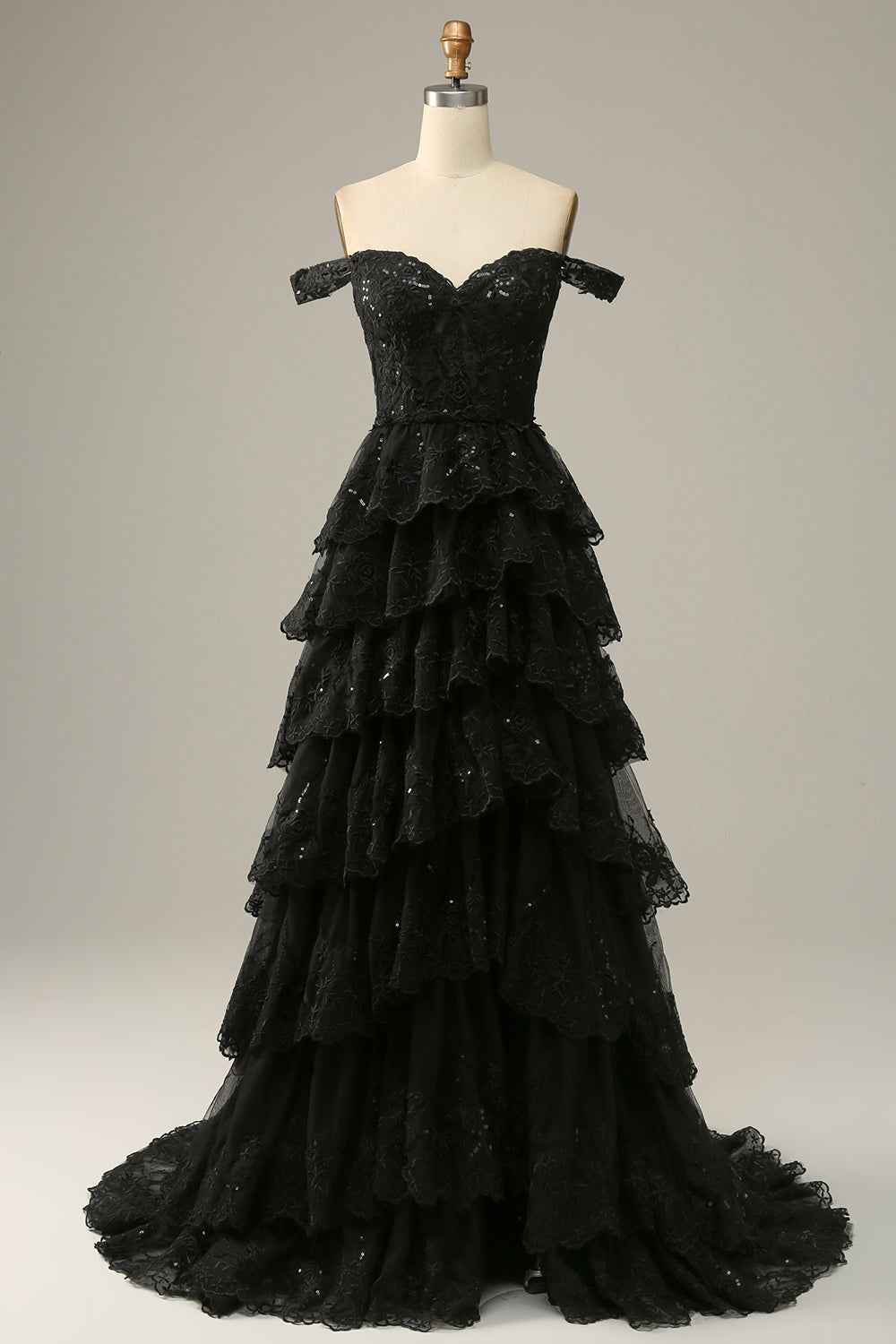 A Line Off Shoulder Black Corset Prom Dress With Lace Ruffles