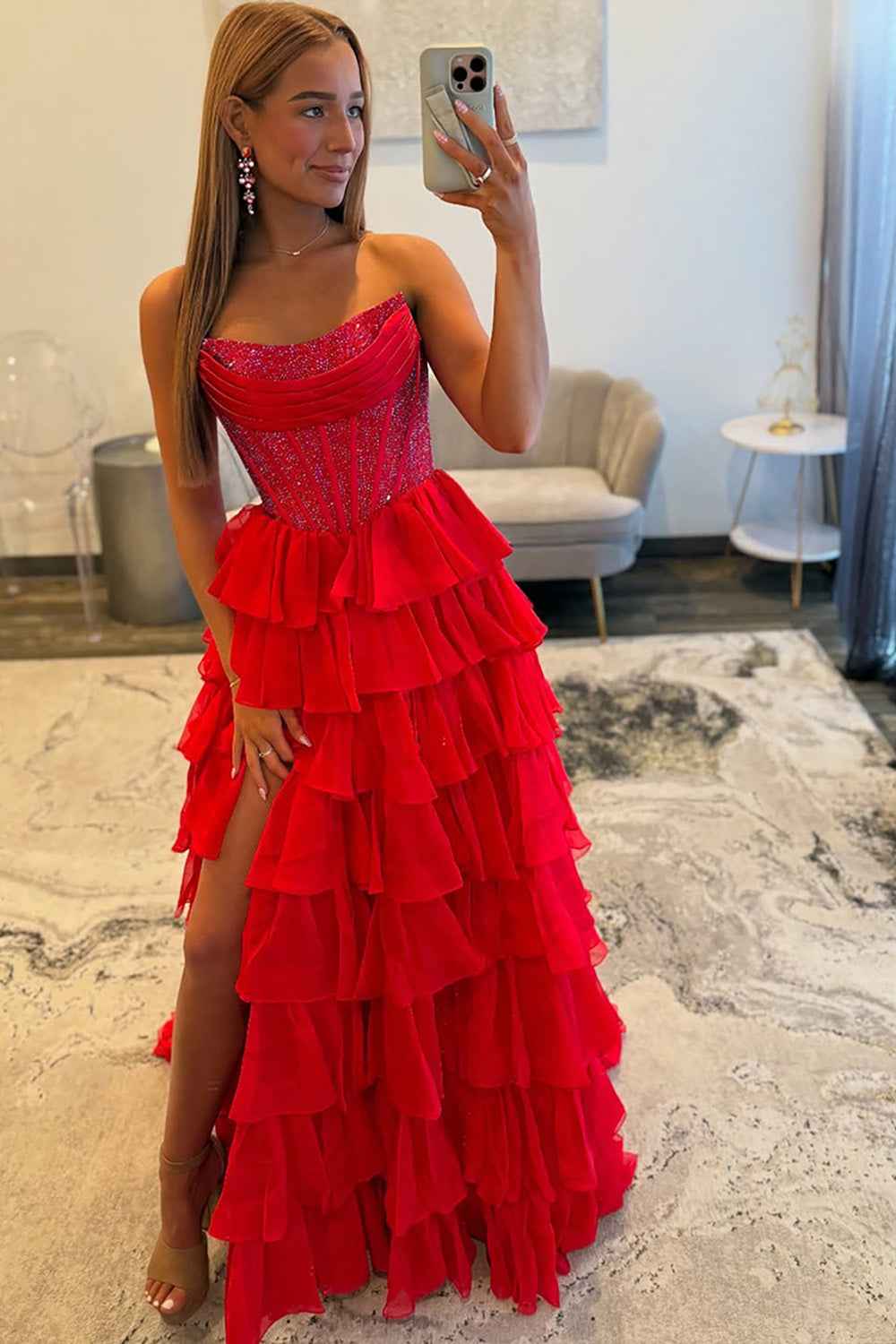 Navy Sparkly Strapless Corset A Line Long Chiffon Prom Dress