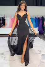 Sparkly Black Mermaid Satin Beaded Prom Dress With Detachable Train