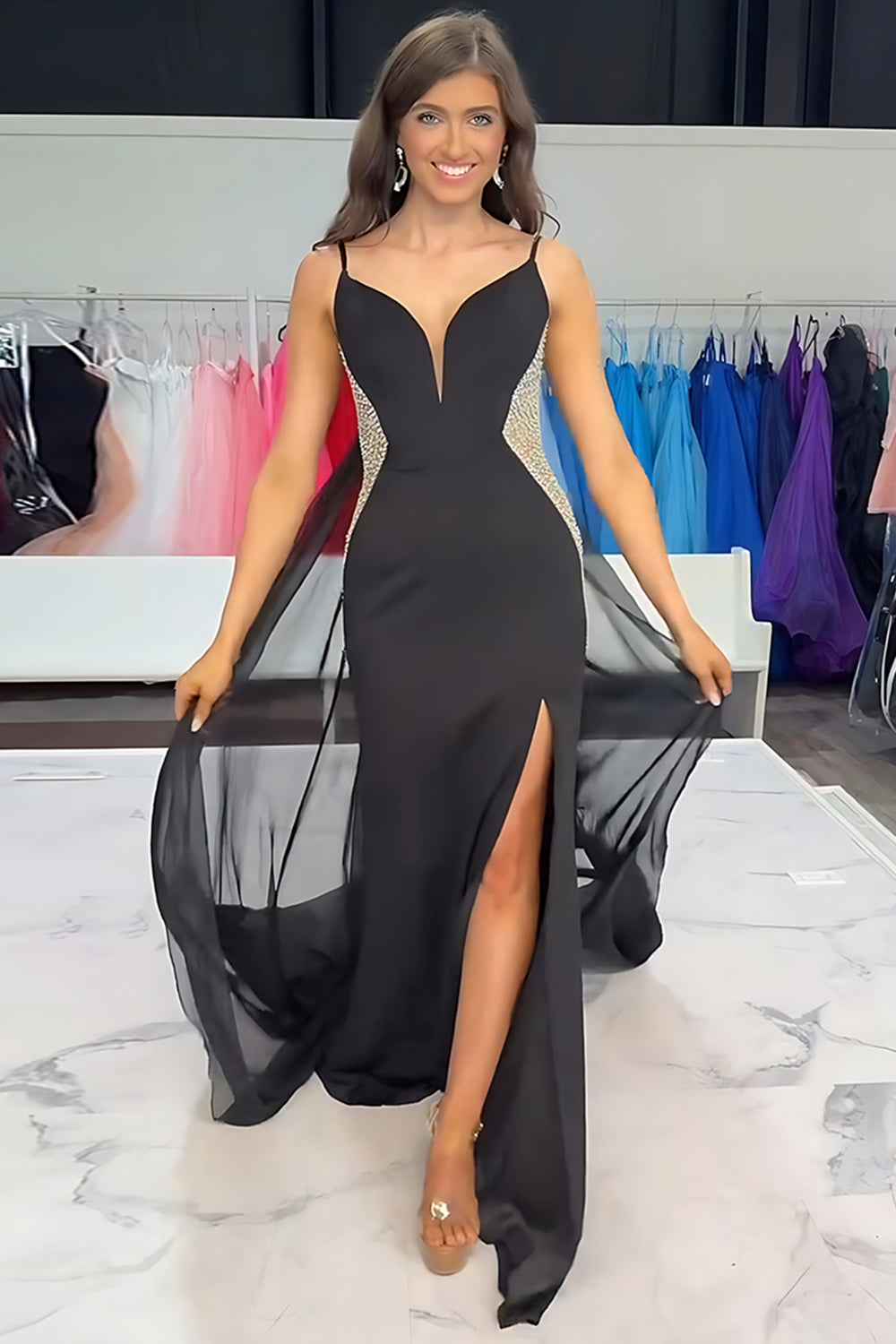 Sparkly Black Mermaid Satin Beaded Prom Dress With Detachable Train