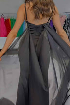 Sparkly Black Mermaid Satin Beaded Prom Dress With Detachable Train
