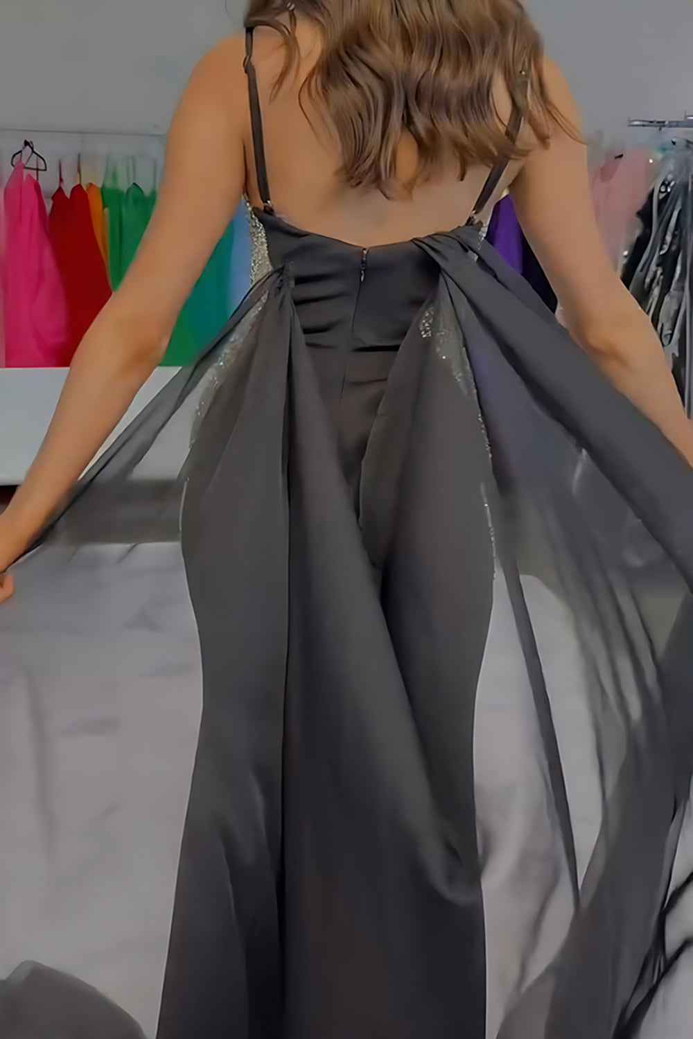 Sparkly Black Mermaid Satin Beaded Prom Dress With Detachable Train