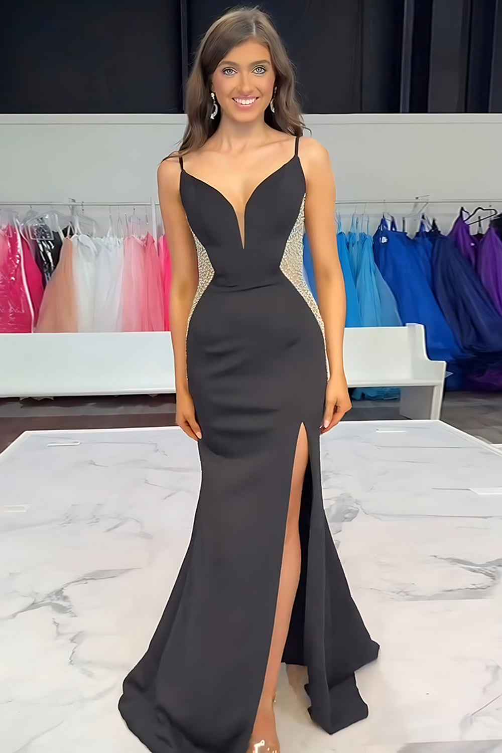 Sparkly Black Mermaid Satin Beaded Prom Dress With Detachable Train