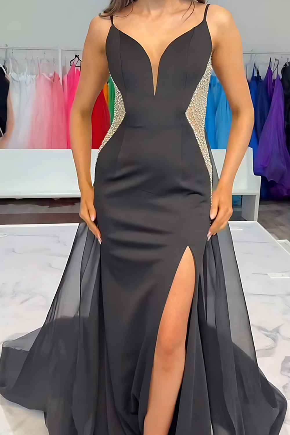Sparkly Black Mermaid Satin Beaded Prom Dress With Detachable Train