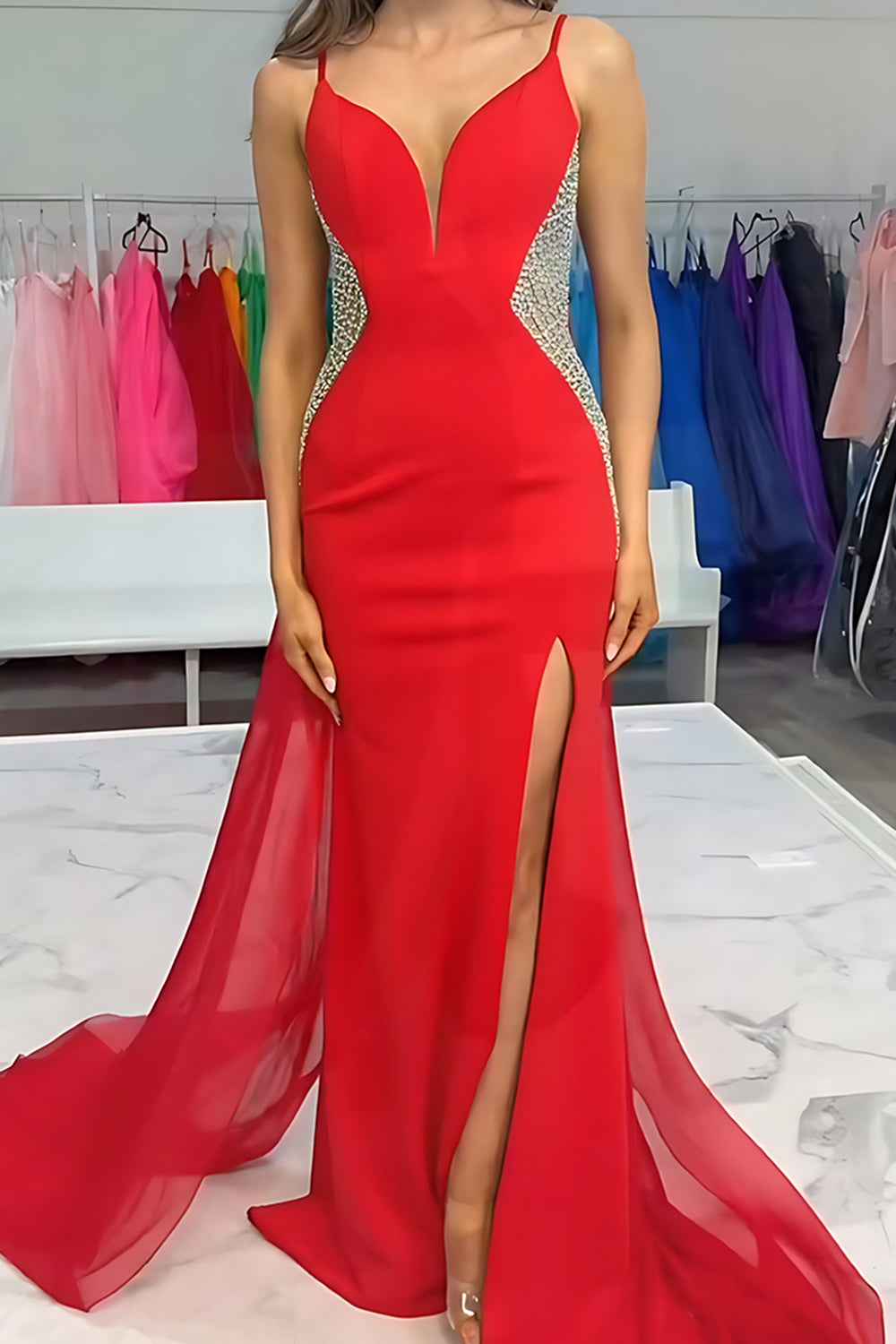 Sparkly Black Mermaid Satin Beaded Prom Dress With Detachable Train