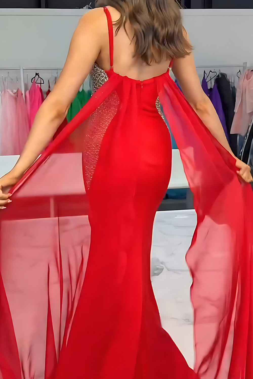 Sparkly Black Mermaid Satin Beaded Prom Dress With Detachable Train