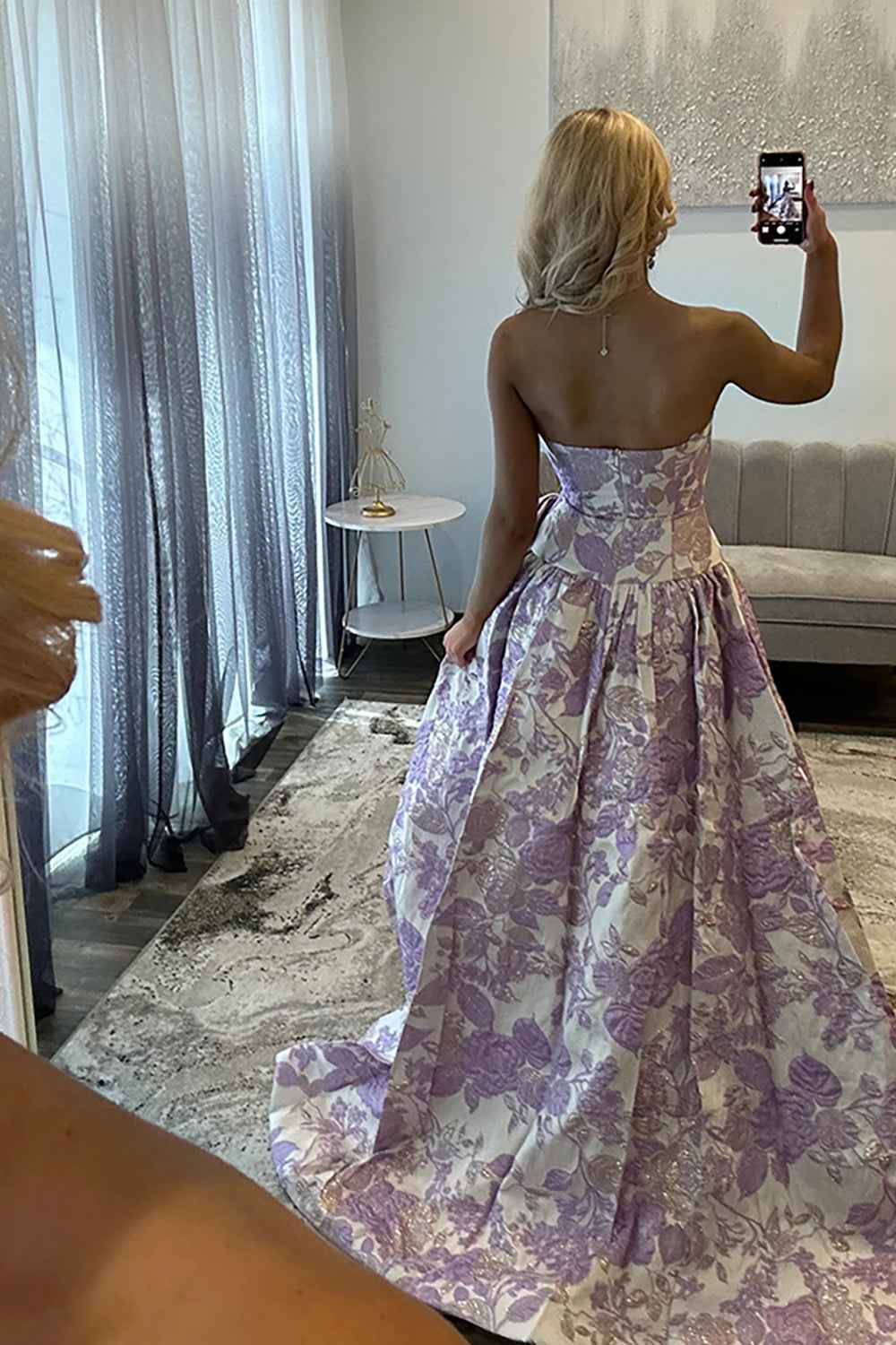 Pastel Lavender Floral Jacquard Sweetheart A Line Long Prom Dress With Bow