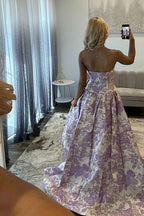 Pastel Lavender Floral Jacquard Sweetheart A Line Long Prom Dress With Bow
