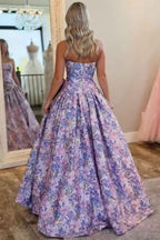 Pastel Lavender Floral Jacquard Sweetheart A Line Long Prom Dress With Bow