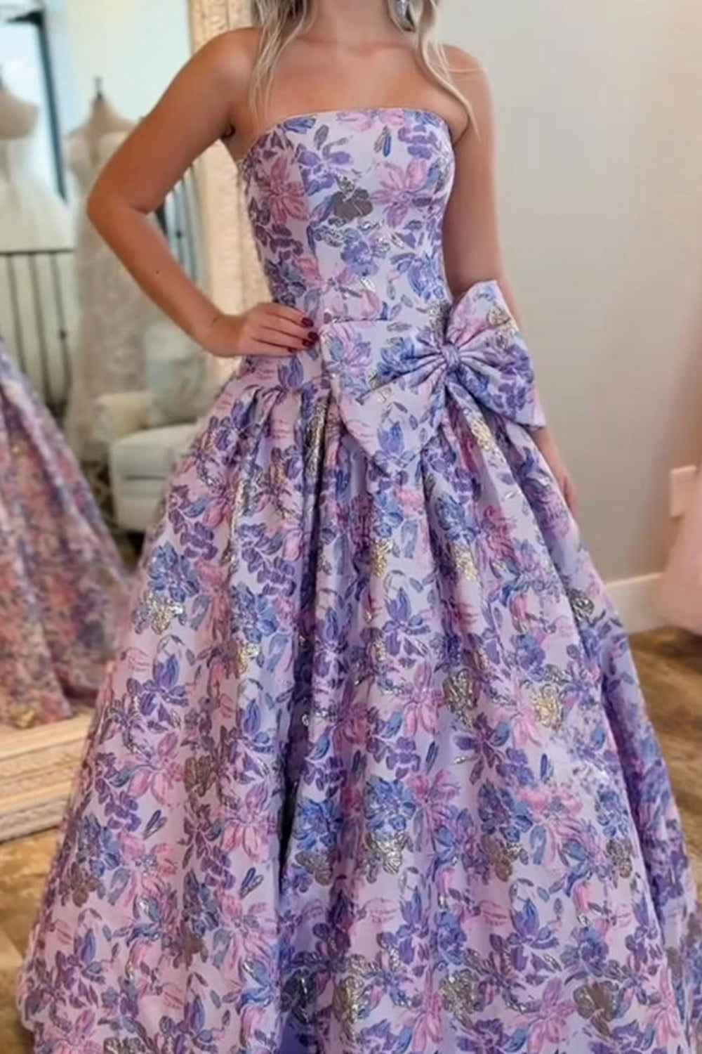 Pastel Lavender Floral Jacquard Sweetheart A Line Long Prom Dress With Bow