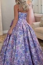 Pastel Lavender Floral Jacquard Sweetheart A Line Long Prom Dress With Bow