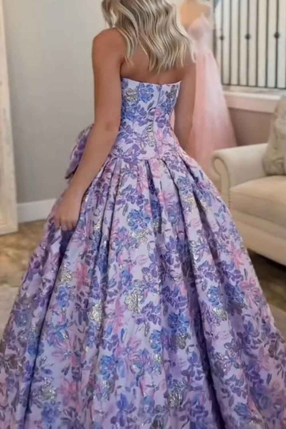 Pastel Lavender Floral Jacquard Sweetheart A Line Long Prom Dress With Bow