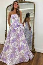 Pastel Lavender Floral Jacquard Sweetheart A Line Long Prom Dress With Bow