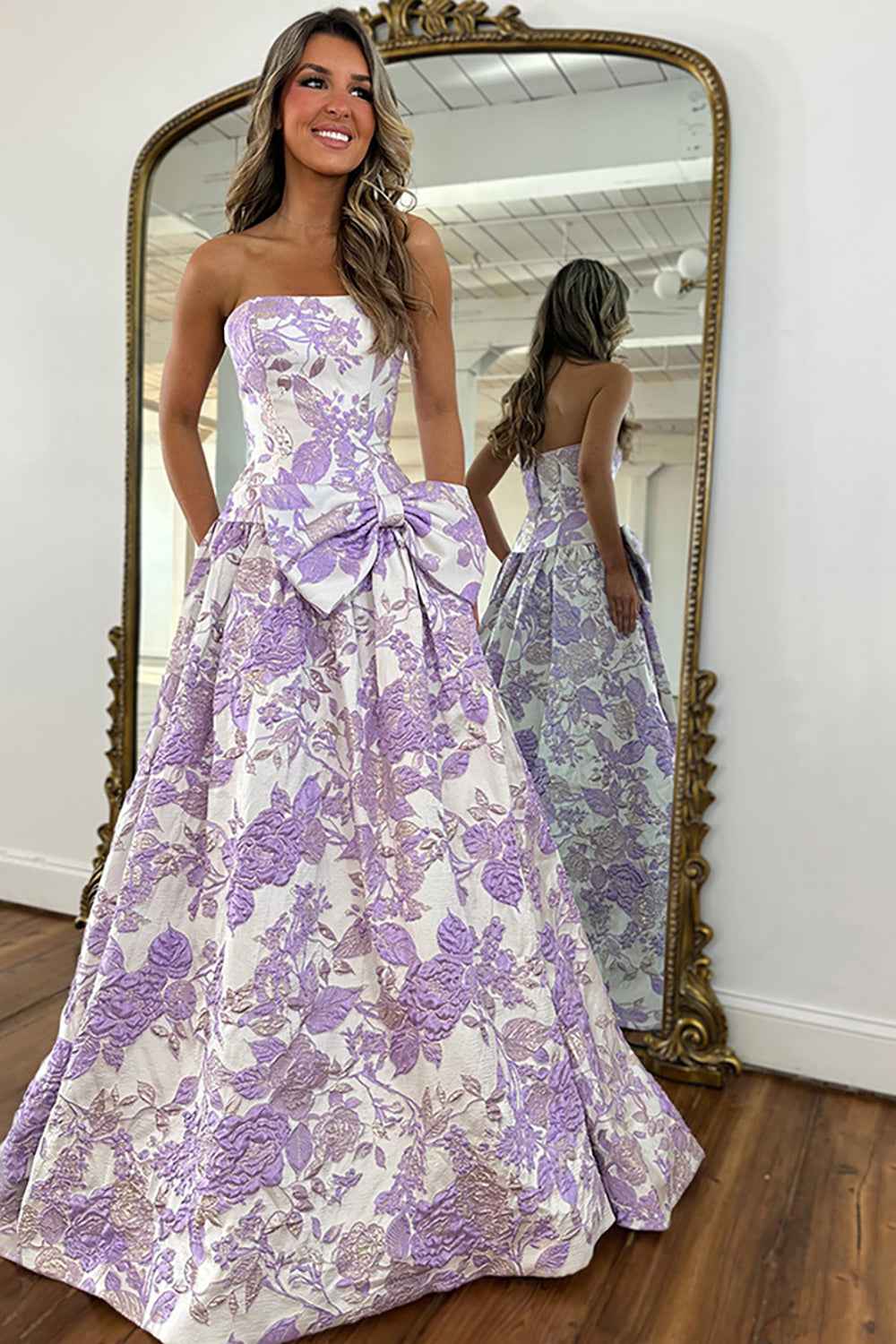 Pastel Lavender Floral Jacquard Sweetheart A Line Long Prom Dress With Bow