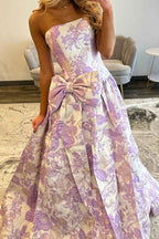 Pastel Lavender Floral Jacquard Sweetheart A Line Long Prom Dress With Bow