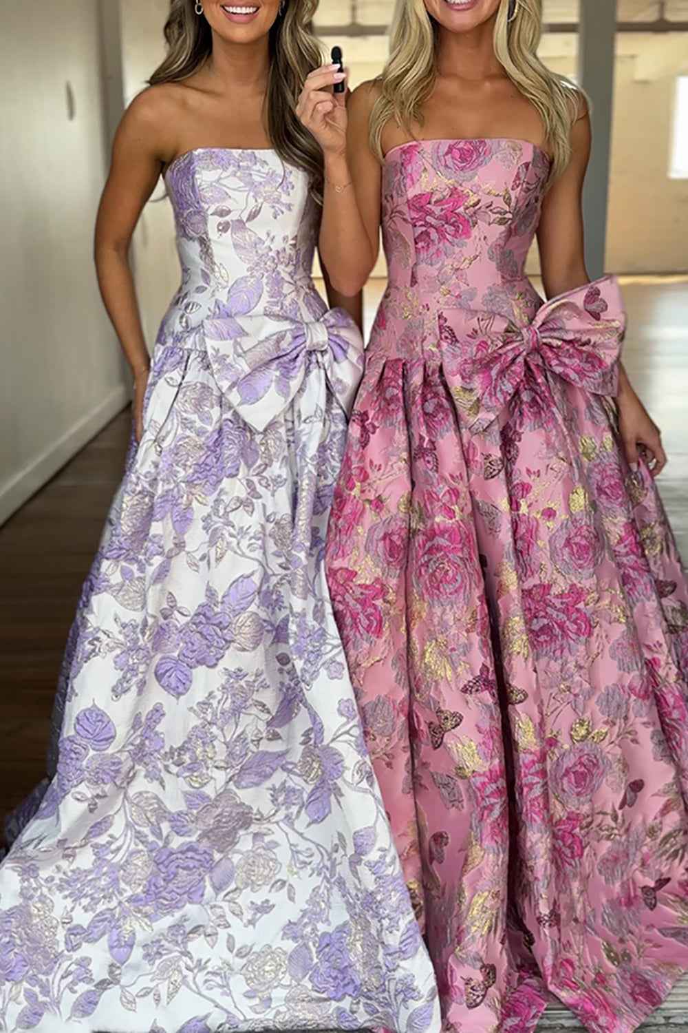 Pastel Lavender Floral Jacquard Sweetheart A Line Long Prom Dress With Bow