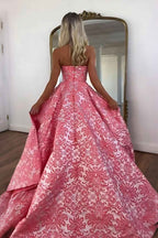 Floral Pink Strapless A Line Long Prom Dress With Slit