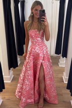 Floral Pink Strapless A Line Long Prom Dress With Slit