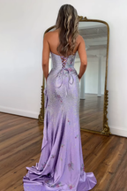 Sparkly White Mermaid Strapless Beaded Prom Dress With Slit And Ruffle Details