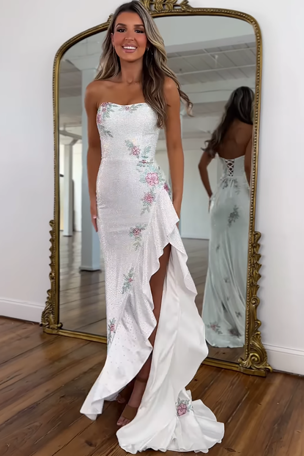 Sparkly White Mermaid Strapless Beaded Prom Dress With Slit And Ruffle Details