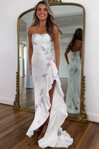 Sparkly White Mermaid Strapless Beaded Prom Dress With Slit And Ruffle Details