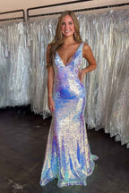Sparkly Silver Mermaid V Neck Backless Long Sequin Prom Dress
