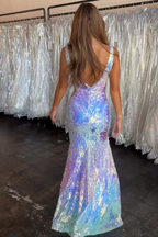 Sparkly Silver Mermaid V Neck Backless Long Sequin Prom Dress