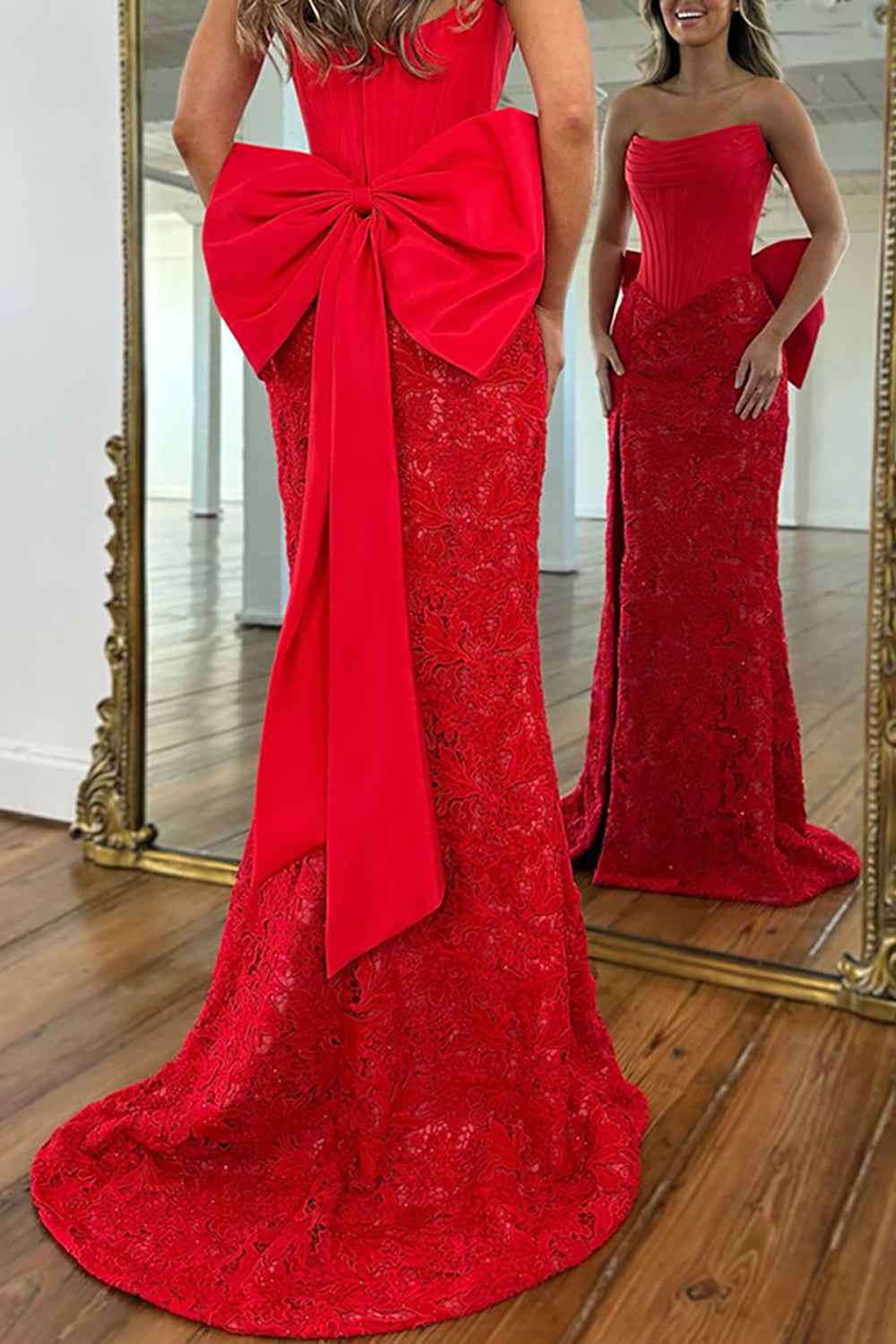 Red Lace Mermaid Strapless Long Corset Prom Dress With Bow