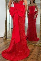 Red Lace Mermaid Strapless Long Corset Prom Dress With Bow