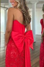 Red Lace Mermaid Strapless Long Corset Prom Dress With Bow