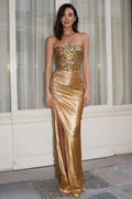 Sparkly Gold Mermaid Ruched Strapless Long Satin Prom Dress