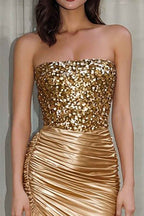 Sparkly Gold Mermaid Ruched Strapless Long Satin Prom Dress