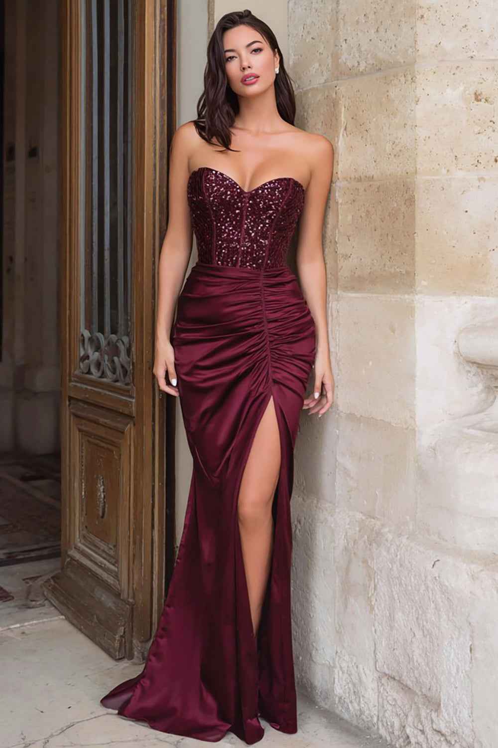 Sparkly Burgundy Satin Mermaid Prom Dress With Corset Bodice And Slit