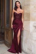 Sparkly Burgundy Satin Mermaid Prom Dress With Corset Bodice And Slit
