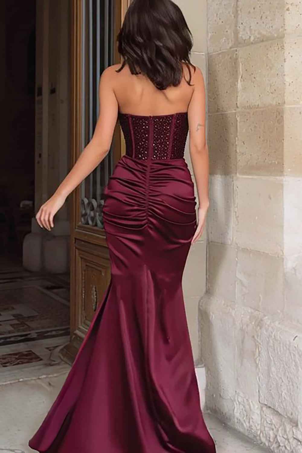 Sparkly Burgundy Satin Mermaid Prom Dress With Corset Bodice And Slit
