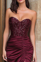 Sparkly Burgundy Satin Mermaid Prom Dress With Corset Bodice And Slit
