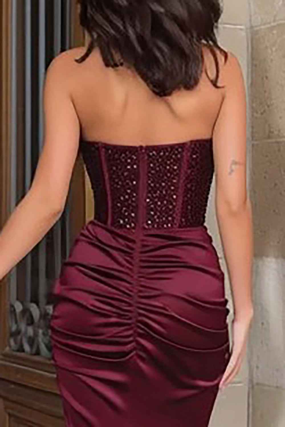 Sparkly Burgundy Satin Mermaid Prom Dress With Corset Bodice And Slit
