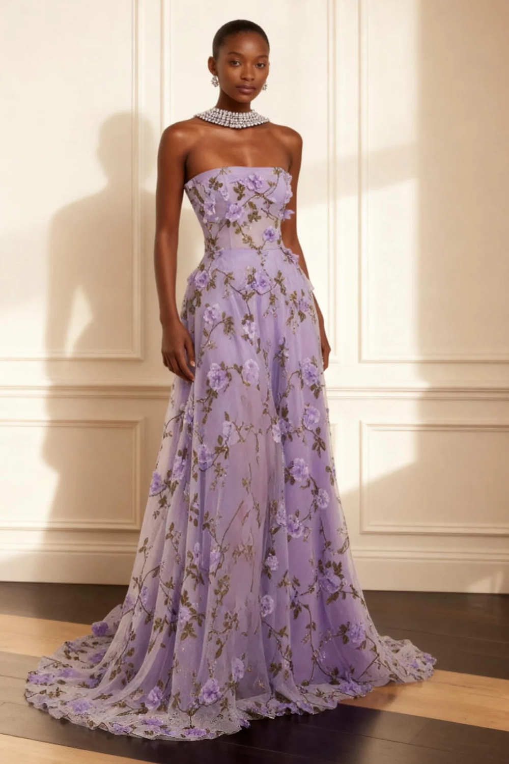 Floral Lavender Strapless A Line Long Corset Prom Dress