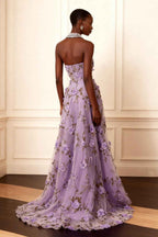 Floral Lavender Strapless A Line Long Corset Prom Dress