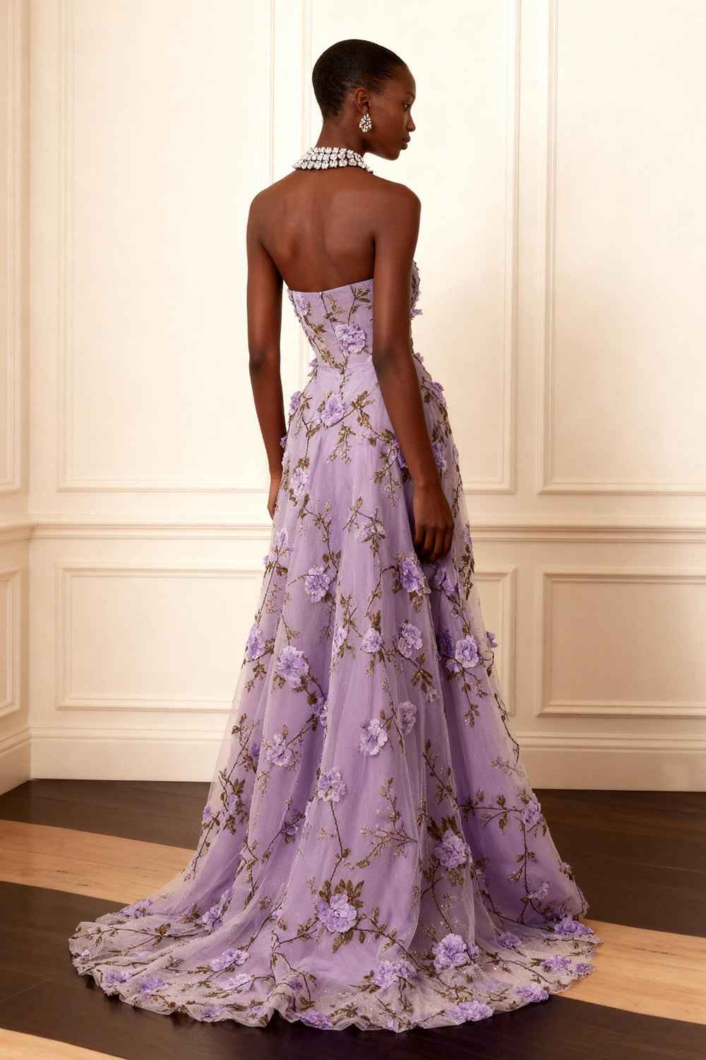 Floral Lavender Strapless A Line Long Corset Prom Dress