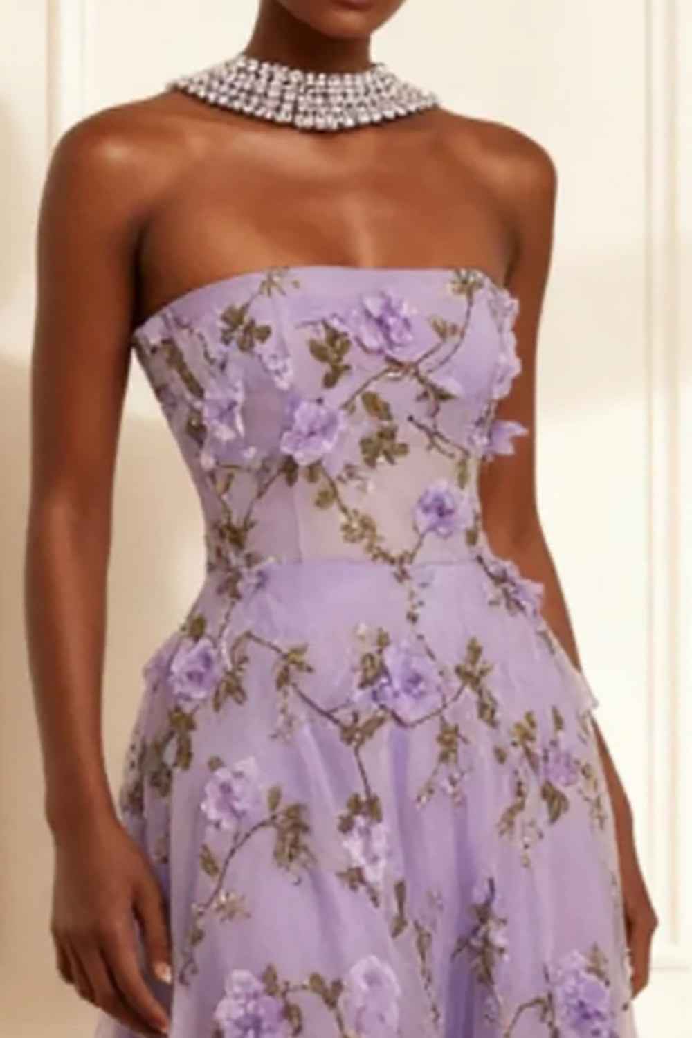 Floral Lavender Strapless A Line Long Corset Prom Dress