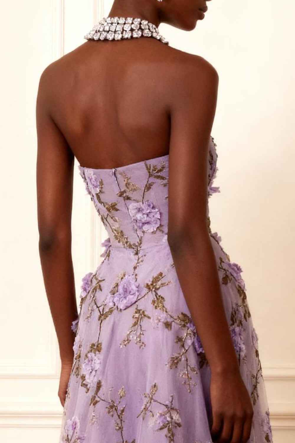 Floral Lavender Strapless A Line Long Corset Prom Dress
