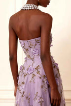 Floral Lavender Strapless A Line Long Corset Prom Dress