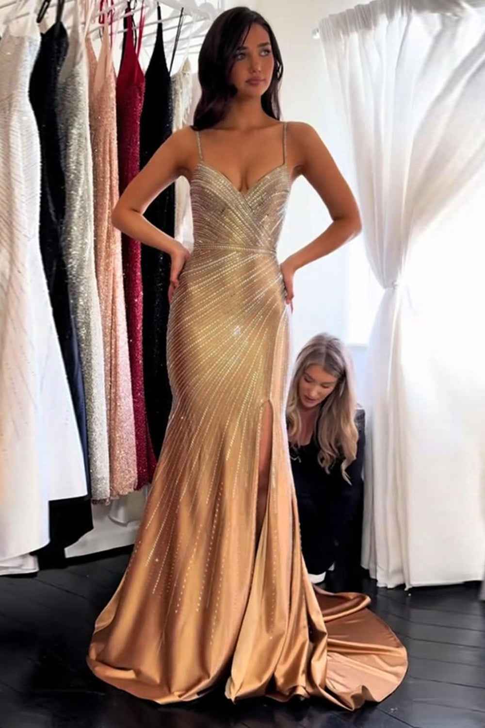 Sparkly Golden Mermaid Satin Beaded Prom Dress With Plunging Neckline