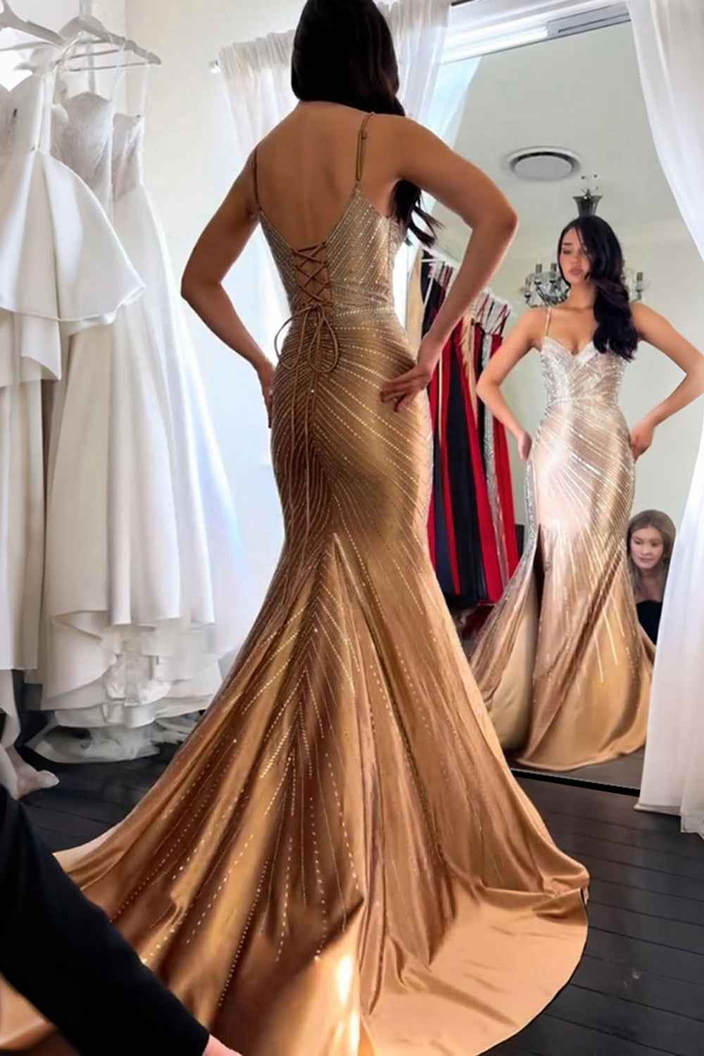 Sparkly Golden Mermaid Satin Beaded Prom Dress With Plunging Neckline
