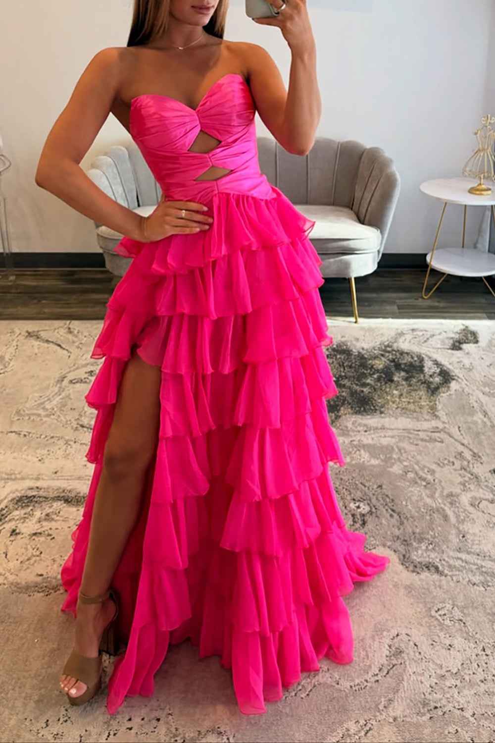 Fuchsia A-Line Sweetheart Chiffon Evening Gown With Cut Out And Slit
