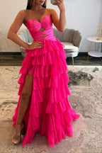 Fuchsia A-Line Sweetheart Chiffon Evening Gown With Cut Out And Slit