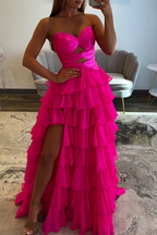 Fuchsia A-Line Sweetheart Chiffon Evening Gown With Cut Out And Slit