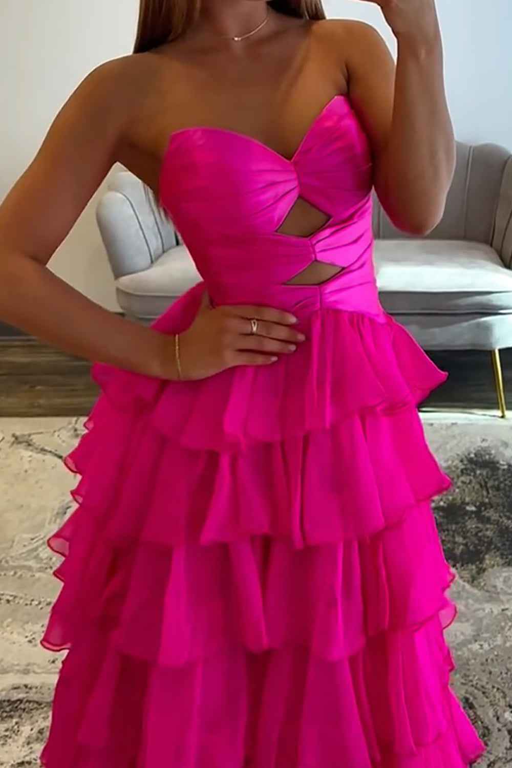 Fuchsia A-Line Sweetheart Chiffon Evening Gown With Cut Out And Slit