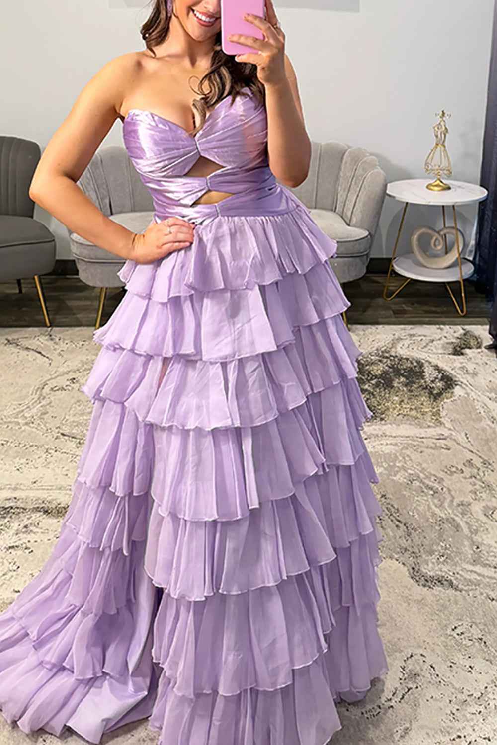 Fuchsia A-Line Sweetheart Chiffon Evening Gown With Cut Out And Slit